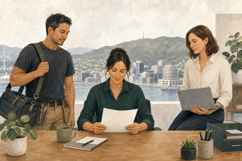 Business owner reviewing a contractor arrangement with a tradesperson and office worker