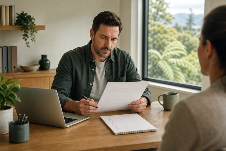 Business owner reviewing an independent contractor agreement at a desk